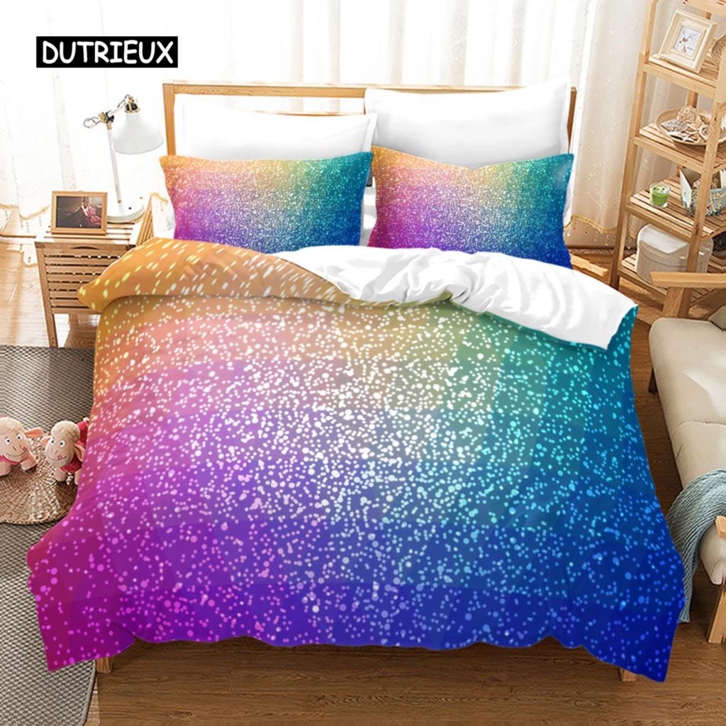 Gradient Duvet Cover Set Microfiber Rainbow Striped Glitter Sequins Quilt Cover Double Queen King Size 2/3pcs Comforter Cover
