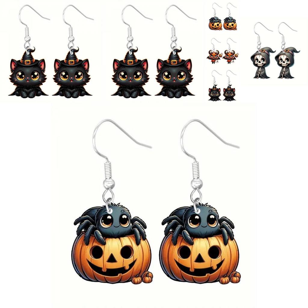 Halloween Themed Earrings Featuring Each Cat Demon Pumpkin And Skull Pattern For Festive Look