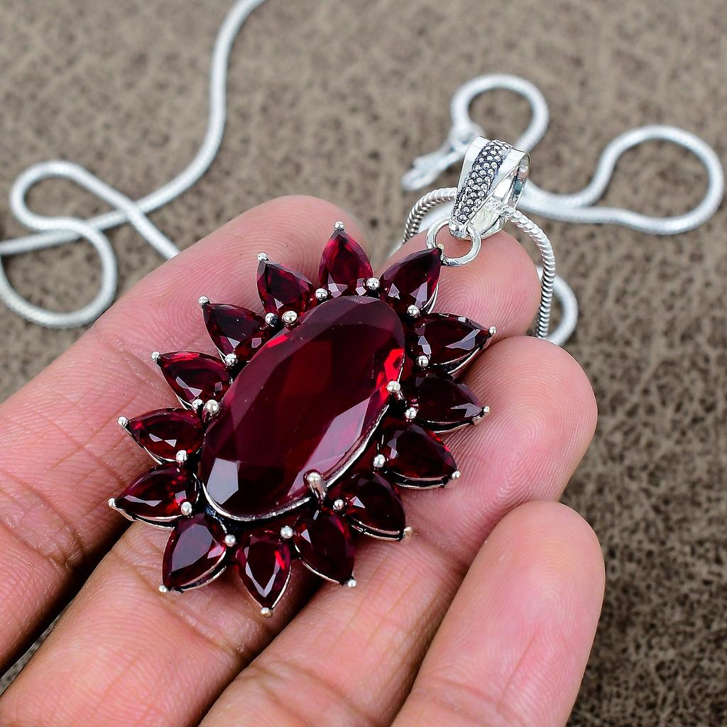 Garnet Gemstone Handmade 925 Sterling Silver Jewelry Pendant 2.48" KKG-297
