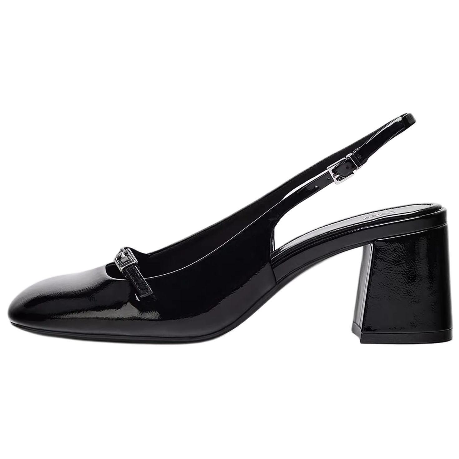 ZARA Patent Leather Slingback Block Heel Pumps Black Womens 12800510 40