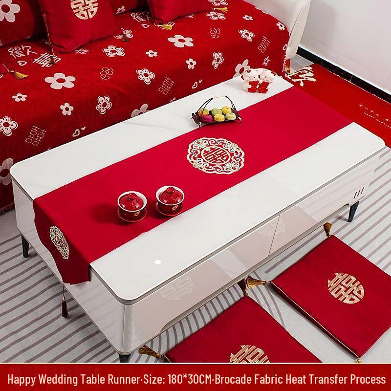 Red Double Happiness Wedding Table Runner - Chinese Dining Table & TV Cabinet Festive Decoration
