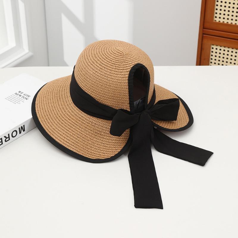 Summer Bow Sun Hat Female, Seaside Beach Vacation Sun Hat Outdoor Big Brim Sun Hat Sweet Straw Hat