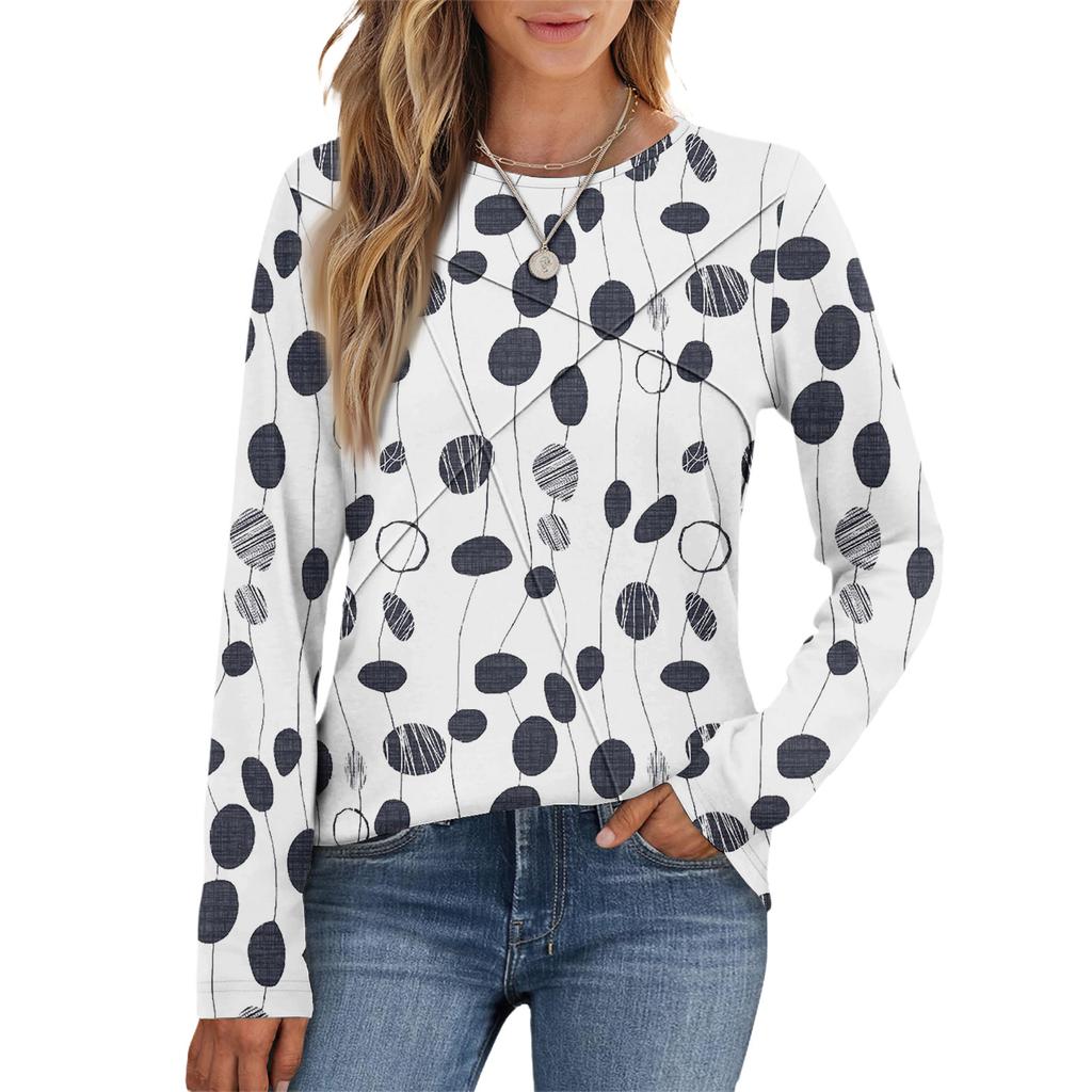 Módní dámský top s dlouhým rukávem, kulatým výstřihem, ležérní, plisovaný, retro geometrický potisk, volný