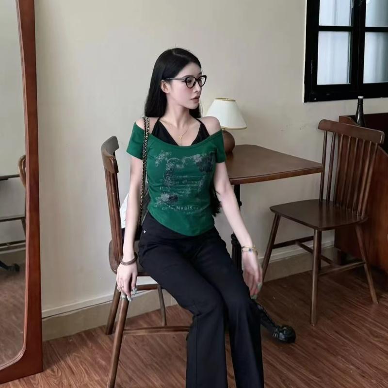 TrendHub Subkultur Damenbekleidung Y2K Punk T-Shirts Amerikanischer Vintage Süß Sexy Kurze Damenbekleidung Grün Sommer Lässig Beliebte Oberteile