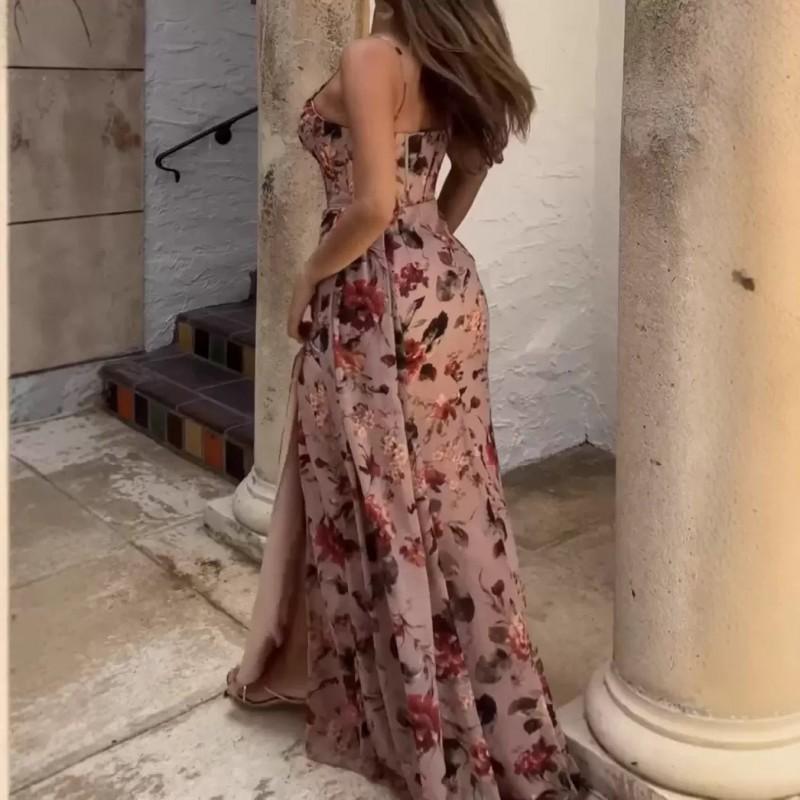 Womens Sleeveless Floral Chiffon Maxi Dress High Waist Side Slit Vacation Beach Pink 2025