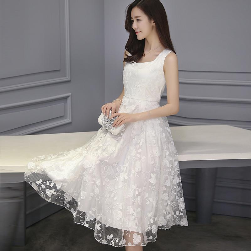 Women White Lace Sleeveless A-line Beach Dress