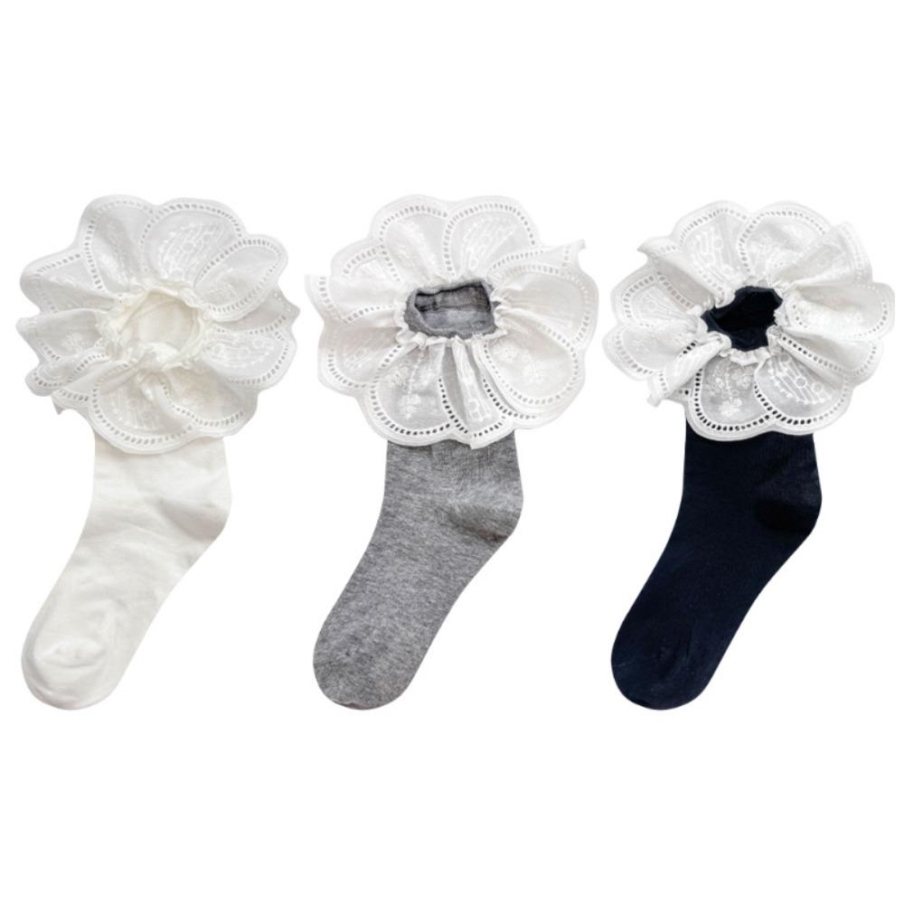 White Embroidered Ruffle Socks Mid Tube Women Hosiery Sweat-absorbing Short Sock  Lady