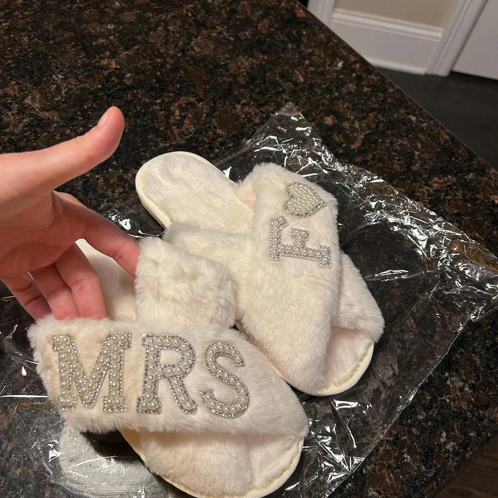 Pearl Letter MRS Plush Cross-Band Slippers for Bridesmaids