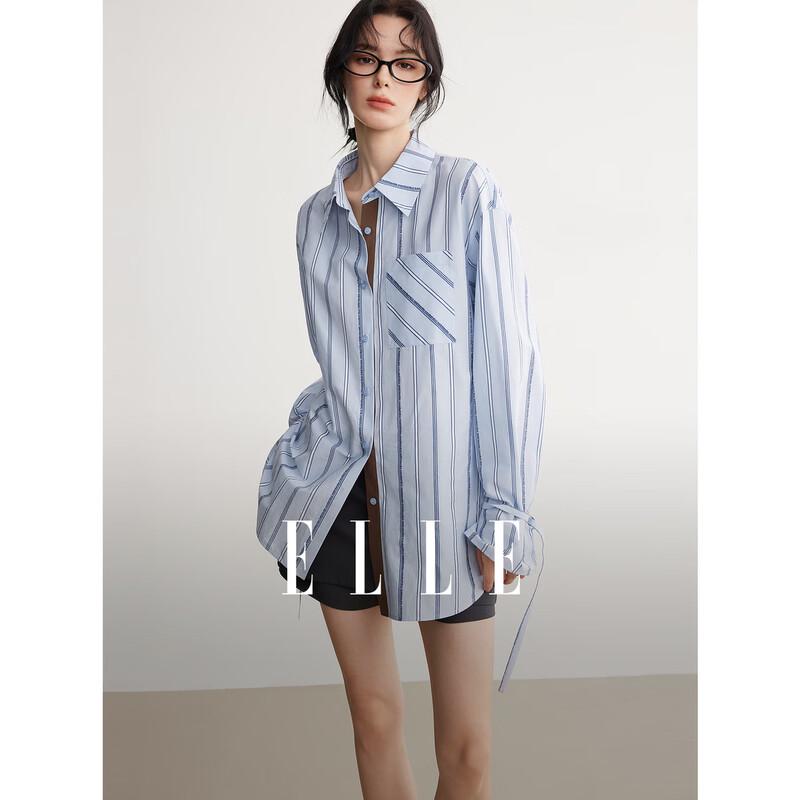 ELLE Women s Striped Cotton Shirt with Tie-Up Detail L