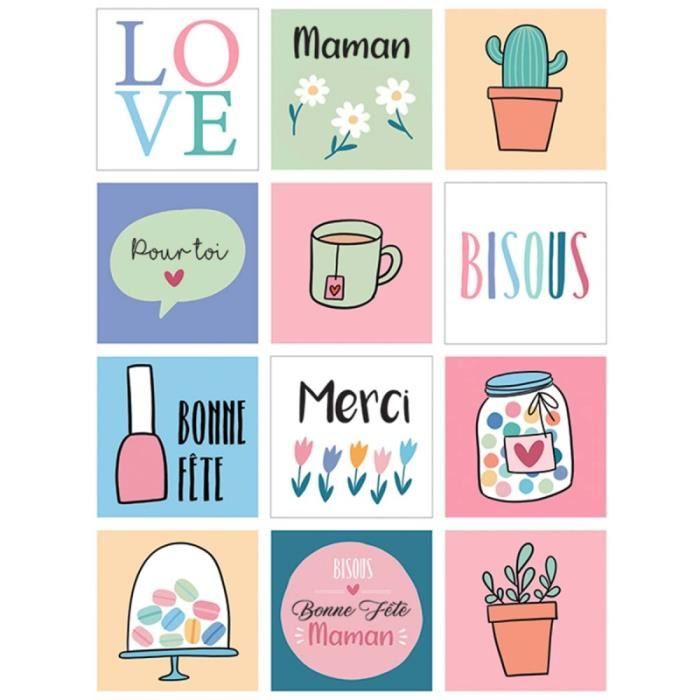 Stickers carrés - Artemio - Fête des mères - 5 x 5 cm - 24 pcs - Typographies en français