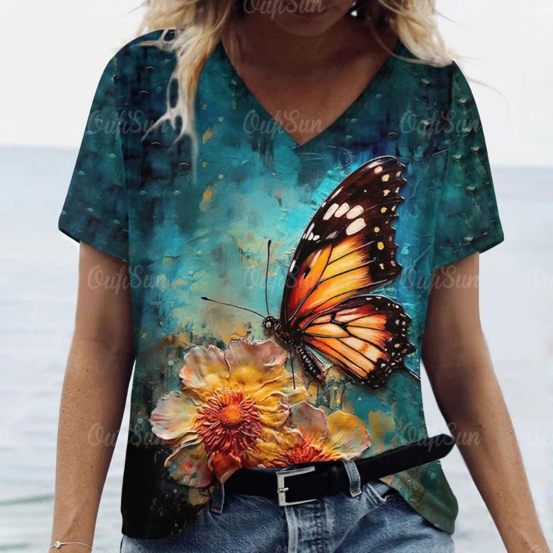 Women's V-Neck Print Beautiful Butterfly Pattern Oversized Women's Blouse Y2K Fashion Women's Breathable T-Shirt