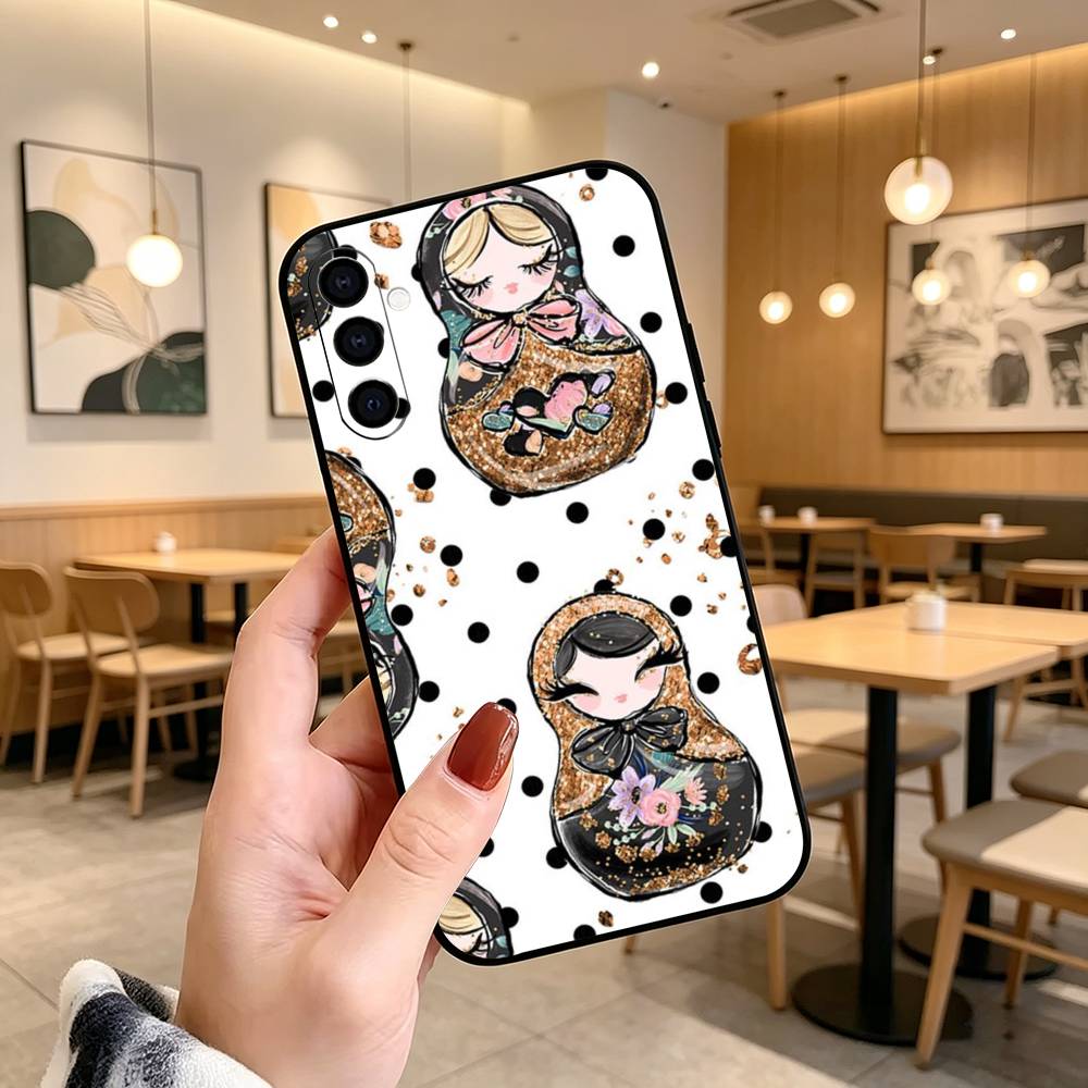 Adorable R-Russian Folk Art Doll Phone Case Black Silicone Soft For Samsung Galaxy A73,A72,A71,A70,A53,A52,A51