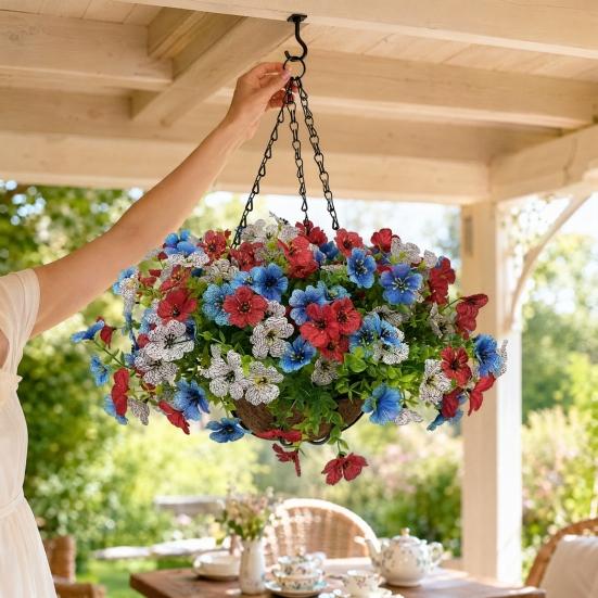 Artificial Hanging Flower with Basket for Outdoors, 4th of July Patriotic Faux Violet Flowers, UV Resistant Fake Plants for Outside Porch, Yard, Patio
