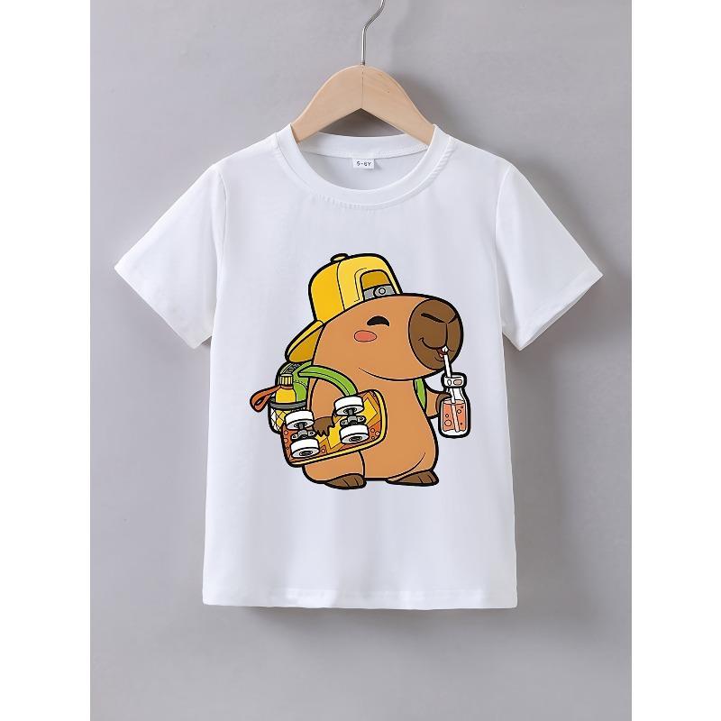 European sizes   Capybara Skateboarding & Drinking Capybara Print T-Shirt - Summer Short Sleeve Casual Round Neck Top with Capybara Graphic 110 белый