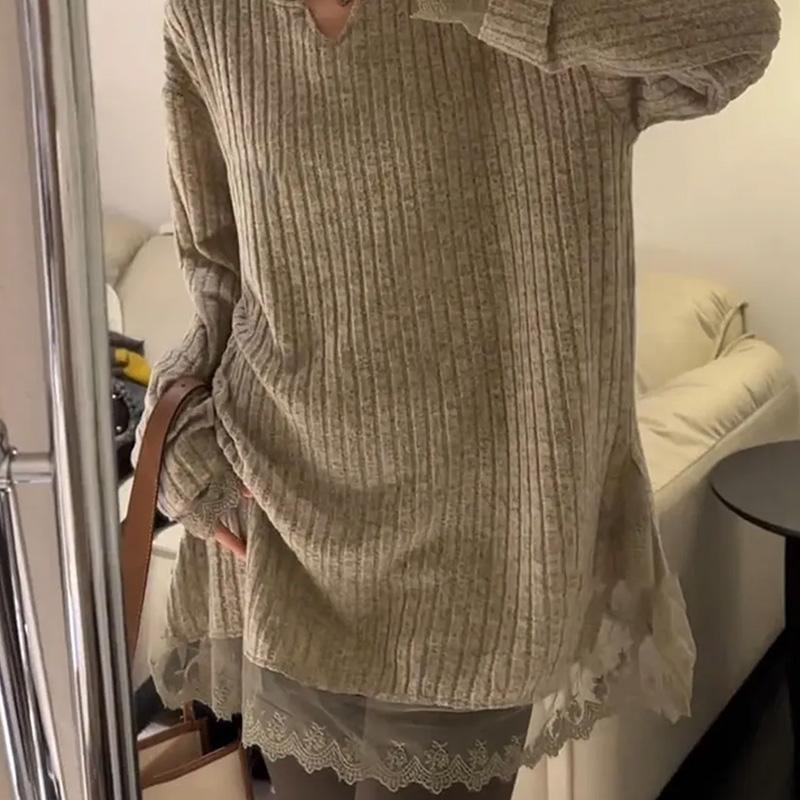 Pullovers Women Long Sleeves Autumn Winter Cotton Blouse Oversized Comfortable Stretch  Solid Color Round Neck Lace Loose Tops