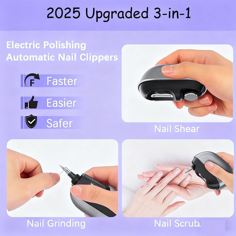 Easy Clip Nail Clippers Upgraded 3 In 1 Electric Smart Polishing Automatic Nail Clippers with Led Light & Nail Scraps Storage