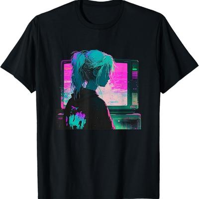 Estetyka Vaperwave Glitch Anime Retrowave Synthwave Koszulka