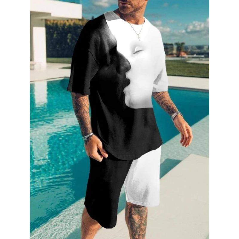 Fashion Casual Vacation Summer Men's Suit Skull 3D Printed Sportswear Short-sleeved Suit Oversized Round Neck T-shirt Shorts 2-piece