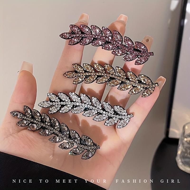 Vintage Elegant Alloy Wheat Ear Hairpins Crystal Embellished Leaf-Shaped Hair Clips Solid Color Duckbill Ideal for Valentine'S Day Gift