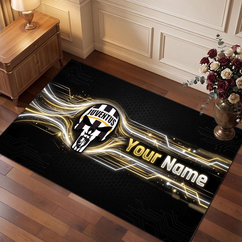 Juventus FC Custom Crystal Velvet Rug, Personalized Name Text Print, Football Logo Soft Non‑Slip Floor Mat Home Decor Gift