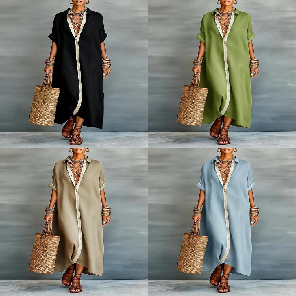Spring Female Collared Cotton Linen Dress With Zipper For Travel And Office