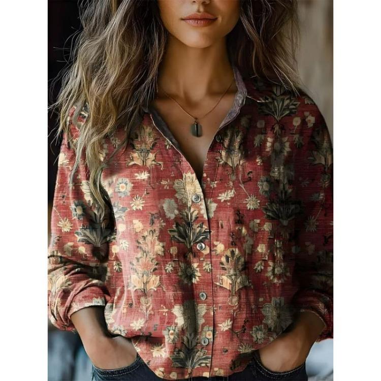 Spring Summer Vintage Floral Printed Long Sleeve Casual Shirt Womens Cotton Linen Style Blouse