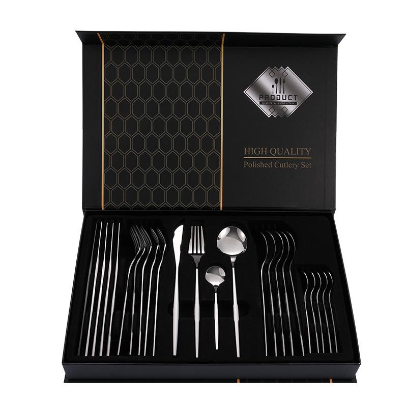 24pcs Gold Dinnerware Set Stainless Steel Steak Knife Fork Coffee Spoon Teaspoon Flatware Dishwasher Safe Kitchen Tablewar
