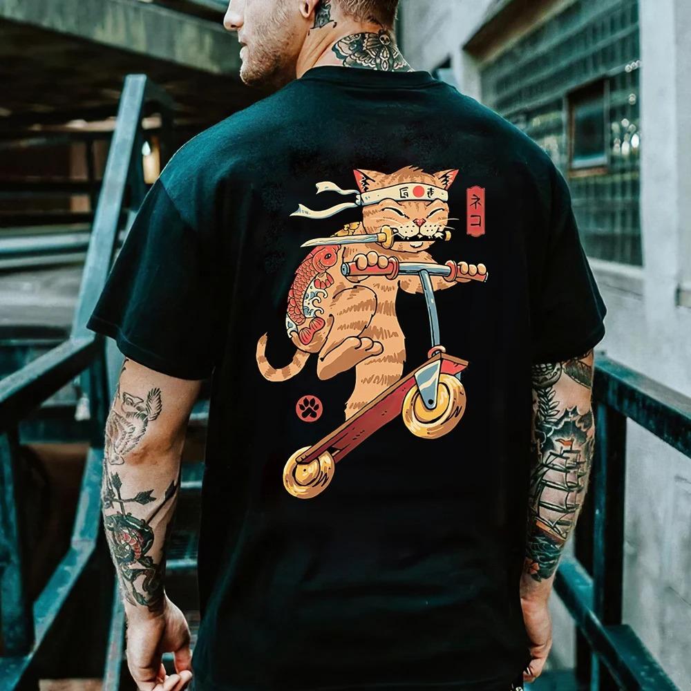 Cartoon Anime Clothes  Cat Printed T Shirt for Men Outdoor Hip Hop Harajuku Vintage Casual O-neck Loose Short Sleeve Tees