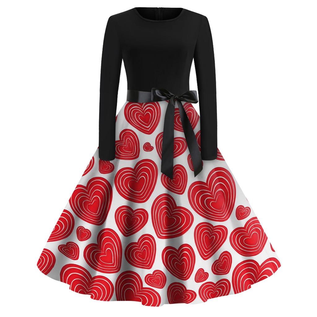 Women's Fashion Round Casual Slim Fit  Print Large Swing Long Sleeve Dress