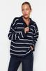 Women's Fashionable Stylish Sweater Navy Blue Wide Fit Zippered Striped Knitwear Sweater
