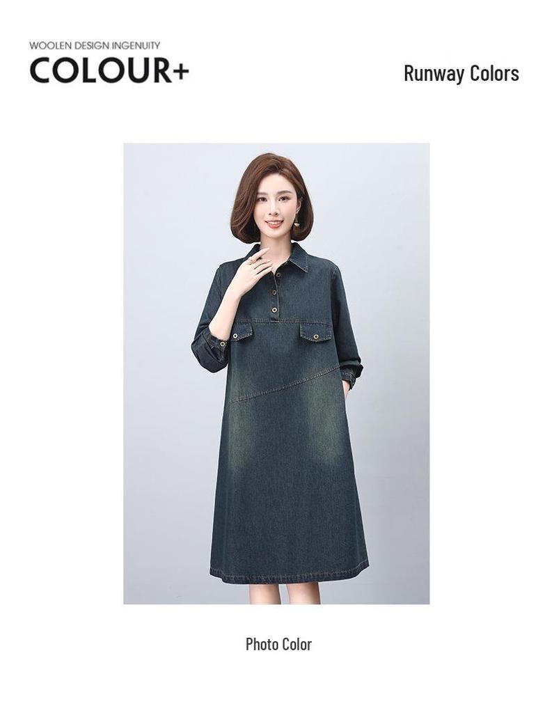 2024 Spring/Autumn Mid-Length Denim A-Line Shirt Dress with Long Sleeves