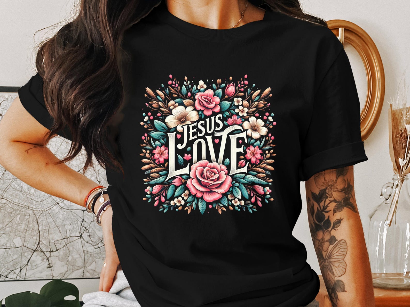 Jesus Love Floral T-Shirts, Christian Religious God Bible Verse Faith Tee, Religious Christianity Tee, Jesus T-Shirts, God T-Shirts S