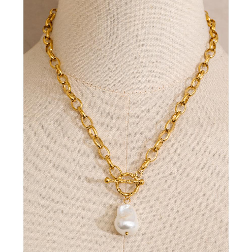 Yhpup Stainless Steel Baroque Imitation Pearls Pendant Necklace Bracelet Bangle Toggle-Clasps Fashion High Quality Chain Jewelry