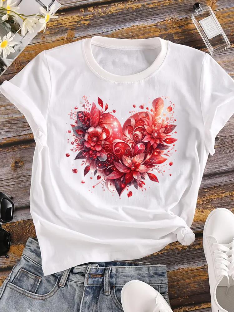 (Asian Size) trend love heart flower T-shirts Printed Clothing Lady o-neck Short Sleeve Female Top Casual T Shirt Fashion Women Graphic Tee