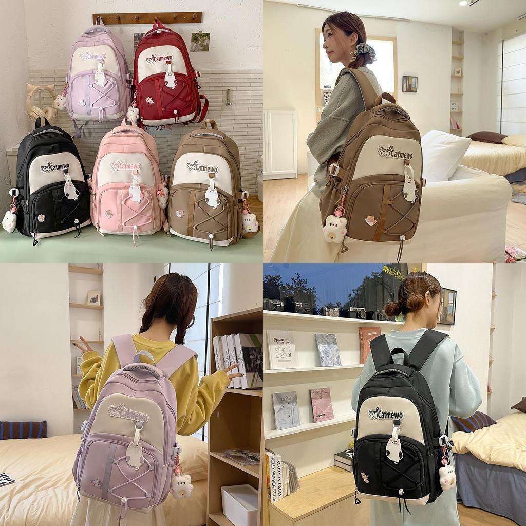 Blocked Fashionable Color Letter Cat Pattern Student Backpack With Pendant
