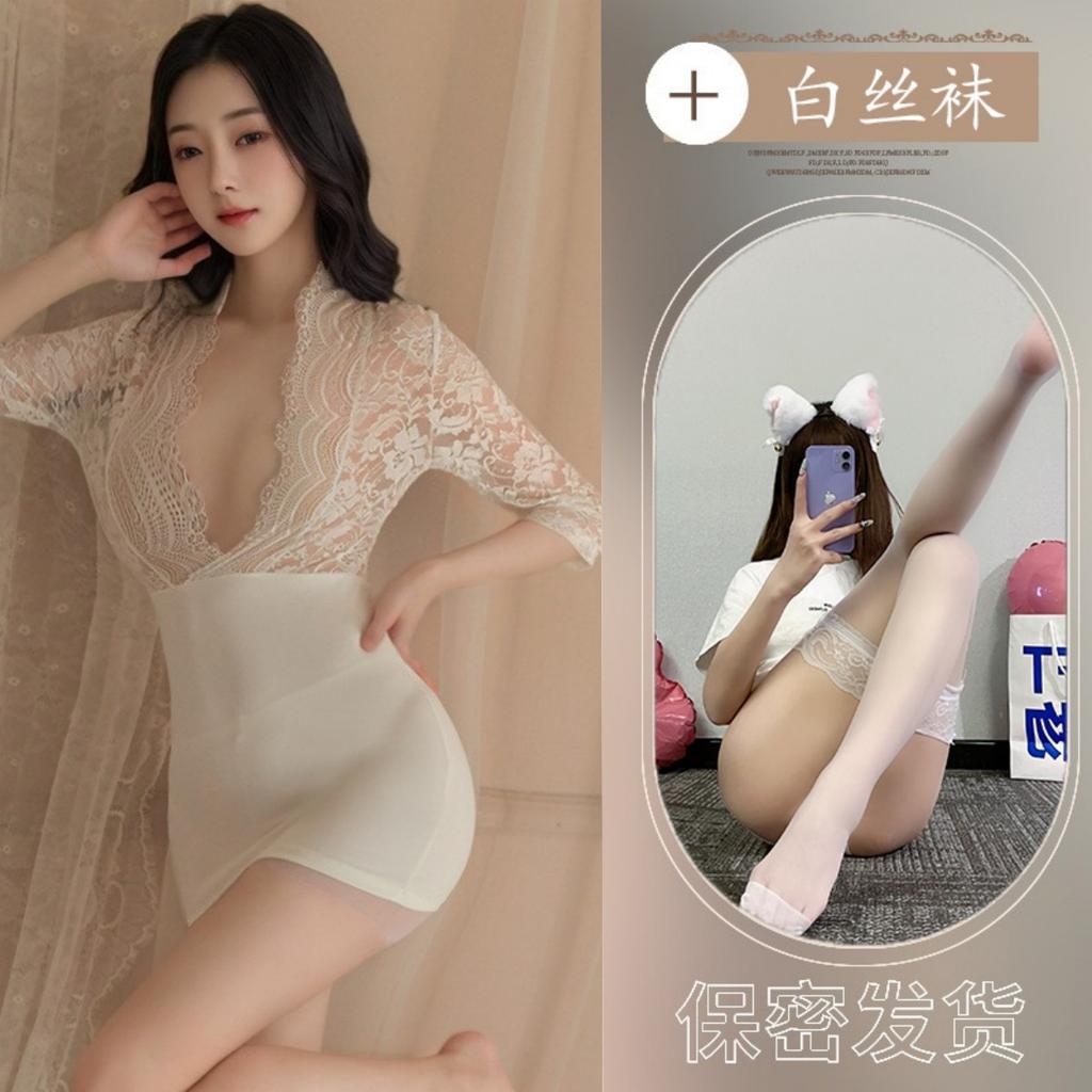 New sexy lingerie lace temptation perspective deep v ** hip skirt free large size pajamas women