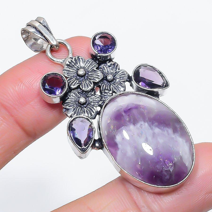 Natural Sage Amethyst, Amethyst 925 Sterling Silver Jewelry Pendant 2.21" w7C41