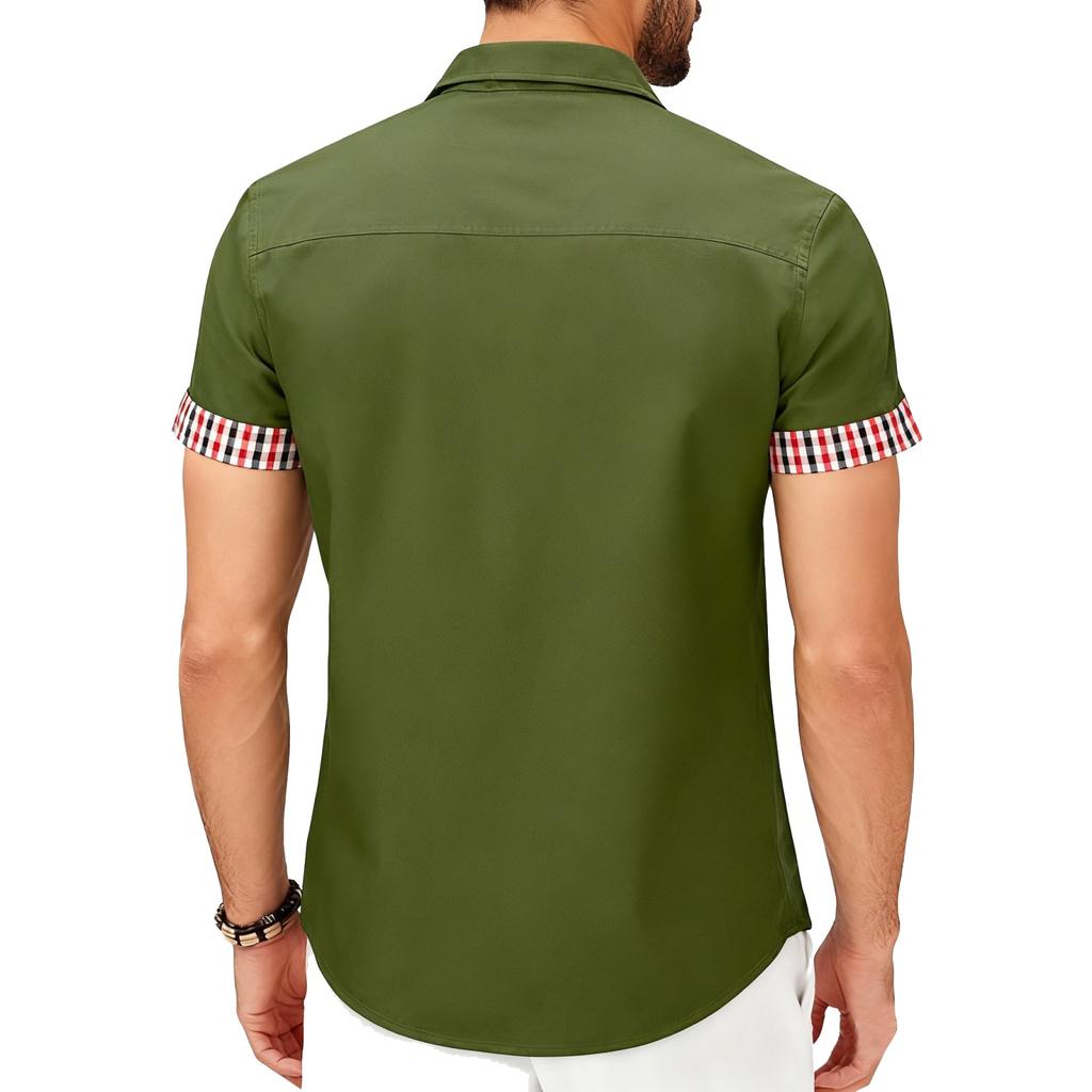 Men's Casual Checkered Color-blocked Shirt, Men's Fitted Lapel Button Short-sleeved Top