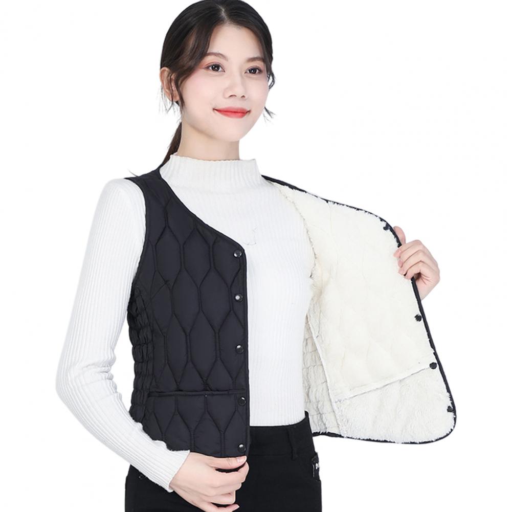Winter Women Layering Vest Coat Thin Padded Button Closure V Neck Sleeveless Solid Color Windproof Heat Retention Outdoor Down C