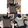 Black And White Striped Ice Silk Short Sleeve Tshirt For Women Summer Elegant Office Wear