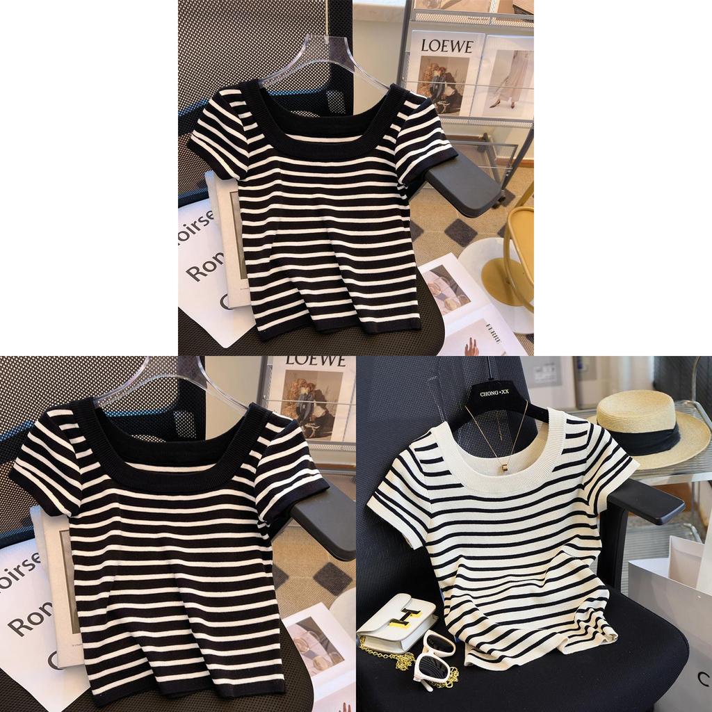 Black And White Striped Ice Silk Short Sleeve Tshirt For Women Summer Elegant Office Wear