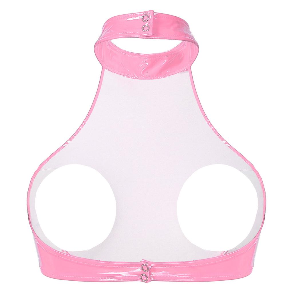 Sexy Women Wet Look Leather Cupless Cage Bra Top Sleeveless Halter Neck Backless Open Bust Crop Tank Tops Lingerie