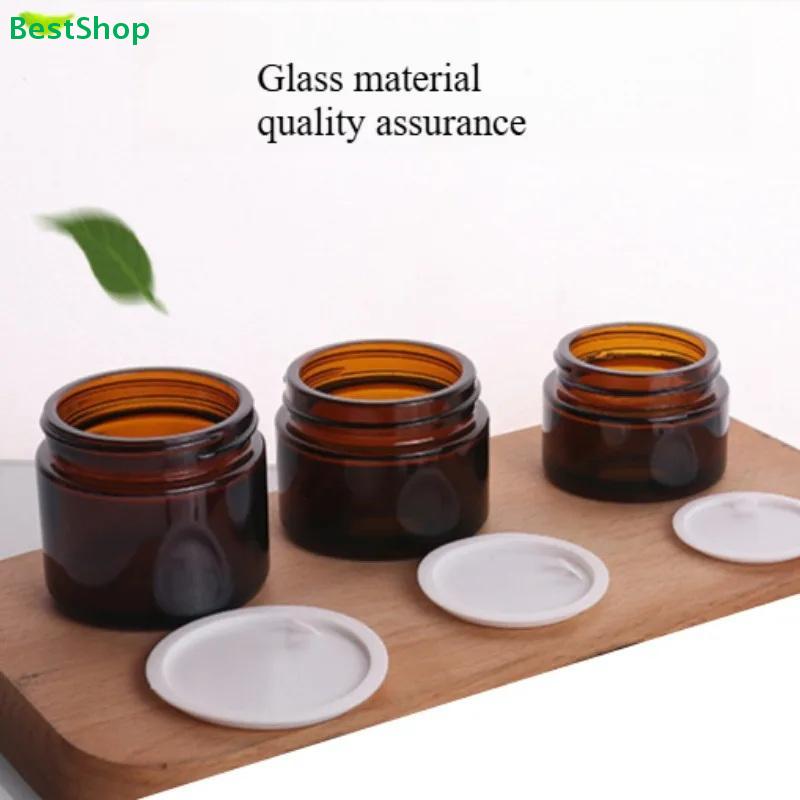 Amber Glass Cosmetic Jars with Wood Grain Lids – Refillable Containers for Cream, Lotion & Skincare