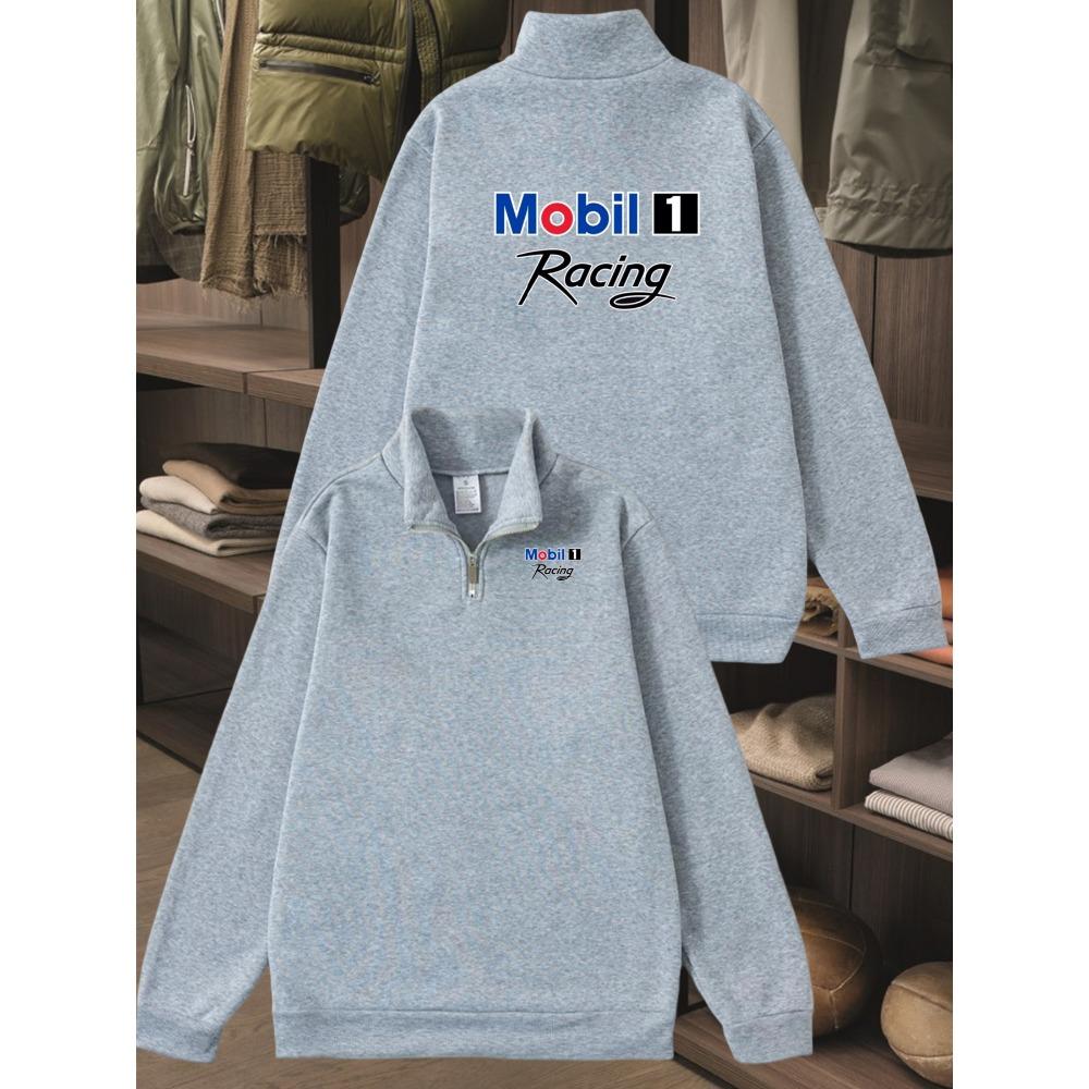 Racing Printed Urban Casual Men's Standing Collar Half Zipper Sports Shirt | Autumn and Winter Fashion, Round Neck, Loose Fit