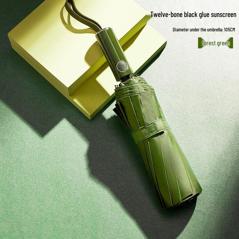 Vollautomatischer dreifach faltbarer UV-Schutz-Schirm mit schwarzem Kleber und Logo für Regen oder Sonne