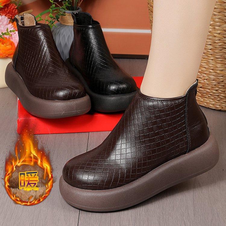 Small Short Boots Autumn and Winter New Retro Wedge Heel Thick Sole Heightened Zipper Cotton Boots Velvet Warm Martin Boots