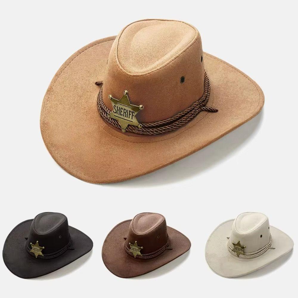 Unisex Artificial Suede Beach Cowboy Hat Wide Brim Solid Color Sun Sunscreen Cap Breathable Sun Protection Party Cosplay Hat