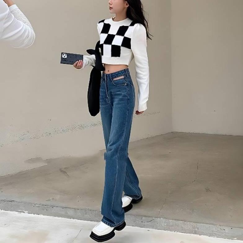 Autumn Sweater Women's Knitted Sweater Checkerboard Pattern Sweater Women's Half High Collar Long Sleeved Knitted Short Sweater