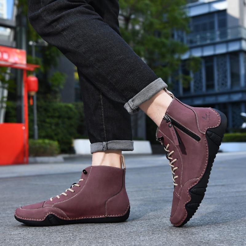 Handmade Men Shoes Side Zip Fashion Ankle Boots Breathable Comfortable High Top Casual Shoes Retro Leather Men Sneaker Mew