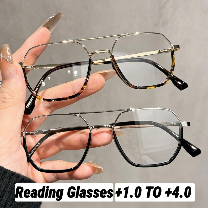 Classic Double-Bridge Square-Frame Anti-Blue Light Presbyopia Glasses Stylish Metal Ultra-Lightweight Reading Eyewear Unisex
